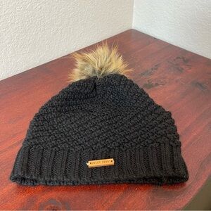 Black Knit Beanie with Faux Fur Pom